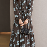 Exquisite Elegant Crew Neck Waist-Tied Printed Long-Sleeve Dress