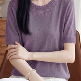 Elegant Commuter Ruffle Trim Short Sleeve Knit Top