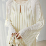 Elegant Lyocell Pleated Crew Neck Knit Sweater With Teardrop Buttons