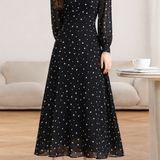Exquisite Elegant V‑Neck All‑Over Polka‑Dot Long‑Sleeve Dress