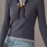 Vintage Polka Dot Ribbed Knit Sweater With Ribbon And Bead Details