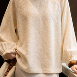 Vintage Shadow Jacquard Blouse With Teardrop Buttons & Lantern Sleeves