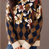 Casual Vacation Crew Neck Floral Diamond Jacquard Long‑Sleeve Sweater