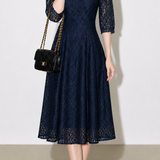 Elegant Commuter Stand Collar Three-Quarter Sleeve Dress With Lace Trim