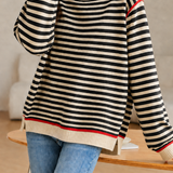 Casual Horizontal Stripe Contrast Knit Top With Side Slits