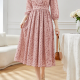 Elegant Soft V-Neck Polka Dot Waisted Three-Quarter Sleeve Dress