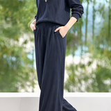 Elegant Casual Two-Piece Set: Deep V Spliced Lapel Long-Sleeve Top & Wide-Leg Pants