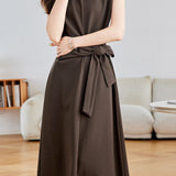 Elegant Commuter Crew Neck Cap Sleeve Side Tie Waist-Cinched Dress