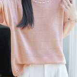 Delicate Elegant Tencel Lyocell Beaded Short Sleeve Knit Top