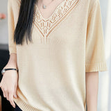 Elegant Commuter V-neck Hollow-out Embroidery Knit Top