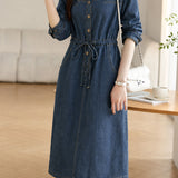 Casual Lapel Drawstring Waist Shirt Denim Dress