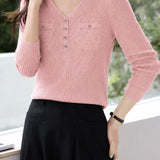 Casual Ribbed Knit Top With Single Patch Pocket & Half Placket