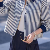 Casual Color Block Stripe Lapel Long Sleeve Shirt