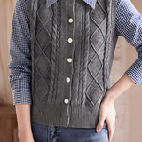 Casual Preppy Fake‑Two‑Piece Cable Knit Vest Spliced Cardigan