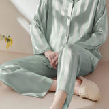 Casual Loungewear Ice Silk Lapel Striped Pajama Set