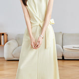 Elegant Commuter Crew Neck Cap Sleeve Side Tie Waist-Cinched Dress