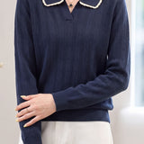Color‑Block Trimmed Polo Collar Ribbed Knit Top