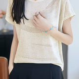 Elegant Commuter Wavy Hollow-out Short Sleeve Knit Top
