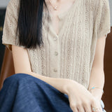 Casual Commuter Tencel Linen V-Neck Hollow-Out Short-Sleeve Knit Top
