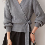 Elegant V-Neck Cross Tie Long Sleeve Knit Cardigan
