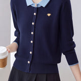 Elegant Color Contrast Lapel Ribbed Knit Cardigan
