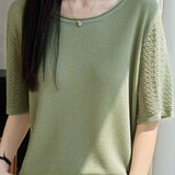 Elegant Tencel Lyocell Hollow-Out Cuffed Crew Neck Knit Top