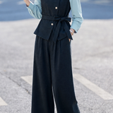 Elegant Commuter Ruffled Stand‑Collar Long‑Sleeve Shirt,U‑Neck Diagonal‑Button Vest And Wide‑Leg Pants Three‑Piece Set