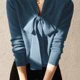 V-Neck Ribbon Tie Wool-Like Knit - 5 Colors Available