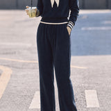 Casual Color-Block Sailor Collar Long Sleeve Knit Top & High Waist Wide-Leg Pants Two-Piece Set