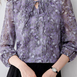Elegant Commuter Ruffled Stand‑Collar Long‑Sleeve Lantern‑Sleeve Printed Shirt