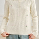 Elegant Floral Embroidery Polo Collar Knit Top