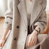 Elegant Lapel Herringbone Mid-Length Wool Coat
