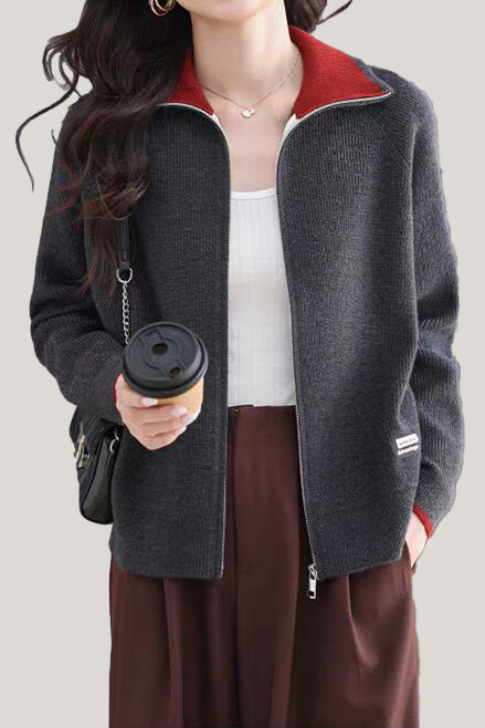 Casual Versatile Lapel Color-Block Knitted Cardigan - liwisi