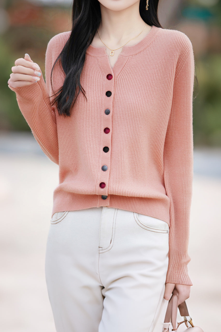 Casual Color-Block Button V-Neck Knitted Cardigan - liwisi