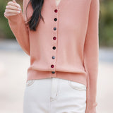 Casual Color-Block Button V-Neck Knitted Cardigan - liwisi