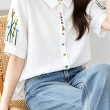 Casual Fresh Floral & Plant Embroidered 100% Cotton Blouse