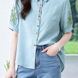 Casual Fresh Floral & Plant Embroidered 100% Cotton Blouse