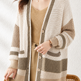 Casual Commuter Color-Block Chunky Knit V-Neck Hollow Knit Cardigan