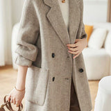 Elegant Lapel Herringbone Mid-Length Wool Coat