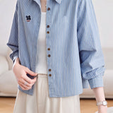 Fresh Vertical Striped Shirt With Floral Embroidery