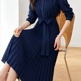 Elegant Crew Neck Tie Waist Long-Sleeve Pleated Dress
