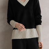 Casual V‑Neck Color‑Block Long‑Sleeve Knit Top & Wide‑Leg Pants Two‑Piece Set