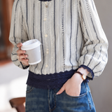 Vintage Stripe Embroidery Color Block Lace Trim Shirt