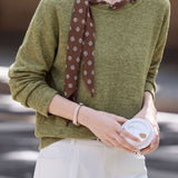 French Elegant Round Neck Polka Dot Scarf Sash Long Sleeve T‑Shirt