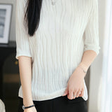 Casual Floral Embossed Vertical Stripe Crew Neck Knit Top