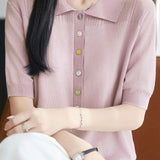 Elegant Commuter Lyocell Tencel Color Button Lapel Short-Sleeve Knit Top