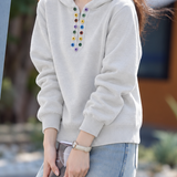 Casual Half Zip Colorful Button Hooded Knit Sweatshirt
