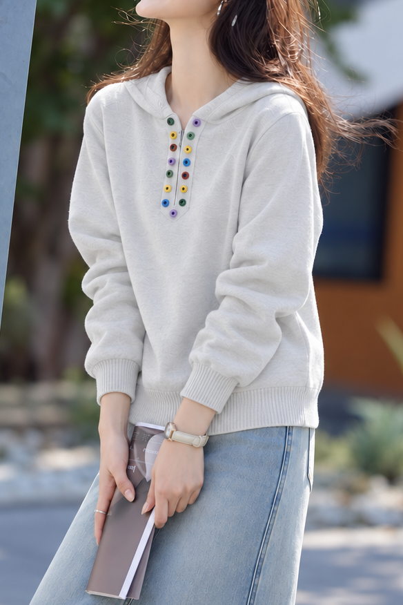 Casual Half Zip Colorful Button Hooded Knit Sweatshirt
