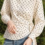 Elegant Vintage Side Gathered Tie Waist Polka Dot Shirt