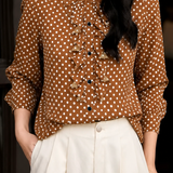Elegant Stand Collar Polka Dot Ruffled Blouse